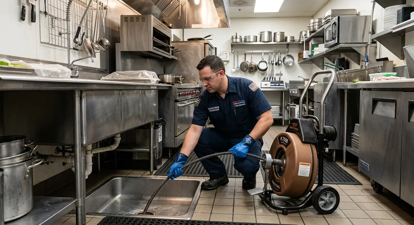 Commercial drain cleaning service in a restaurant kitchen in Riga