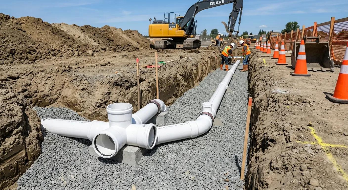 New PVC sewer pipe installation in open trench for Commercial Drain Cleaning in Riga