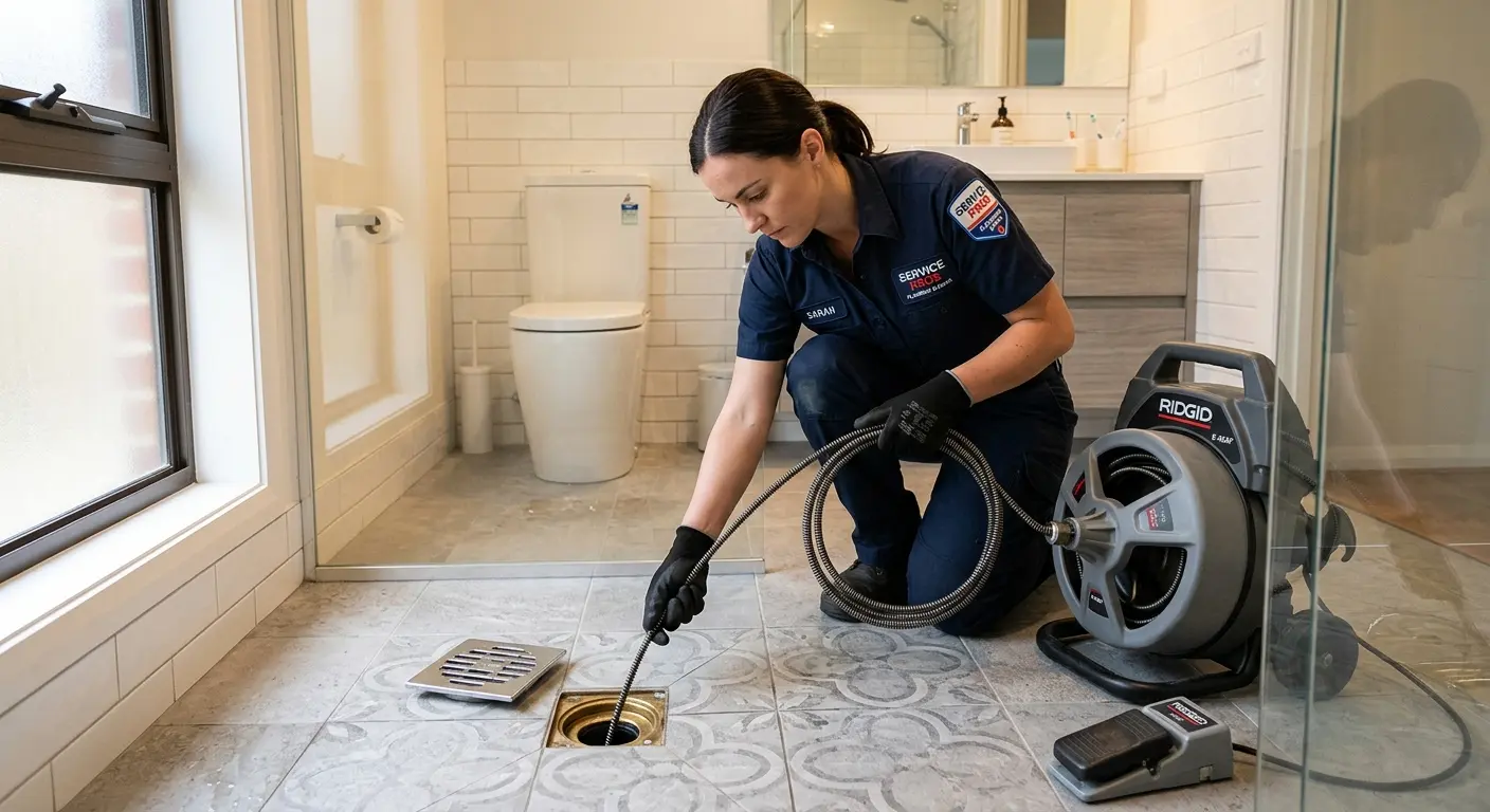 Technician clearing a bathroom floor drain for Drain Cleaning in Riga